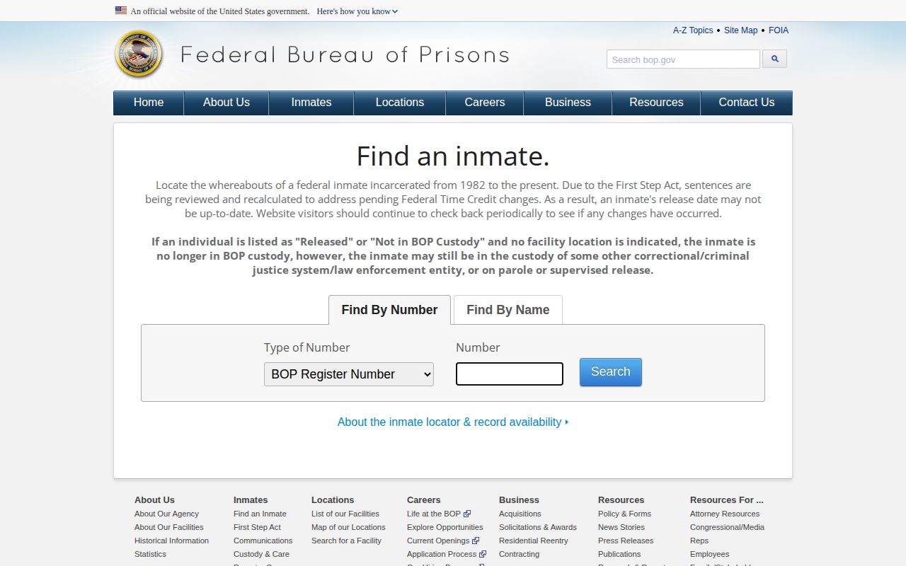 Federal Bureau of Prisons locator for a Gilliam federal release search